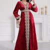 Autumn/Winter Muslim Women's V-Neck Long Sleeve Embroidery Velvet Dress