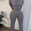 WomenPleat Short Sleeve Crop Top and Bell Bottom Pant Two-Piece Set