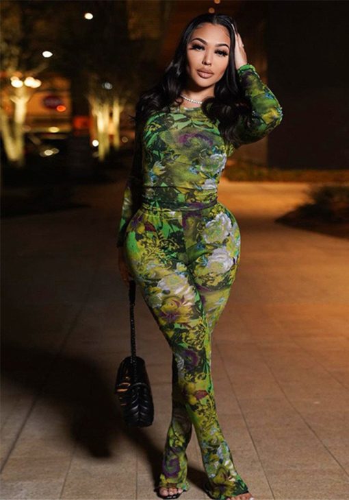 Printed Color-Block Casual Mesh Pants Set Slim Fit Top & Trousers