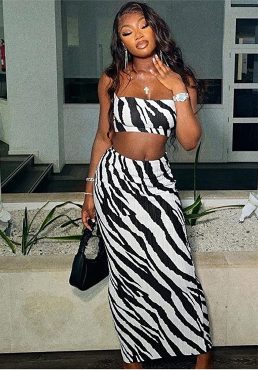 Black & White Striped Printed Sexy Fitted Bodycon Skirt Set