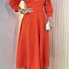 Solid Color Long-Sleeve V-Neck Button  Slim Waist A-Line Dress
