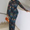 Stylish Women's Printed Sexy Sheer High Neck Long-Sleeve Slim Fit Long Dress