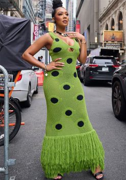 Summer Stylish Black Polka Dot Knit Fringe Maxi Dress