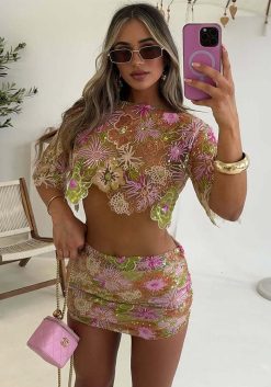 Embroidered Sequin Party Skirt Set