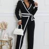 Women autumn and winter belt contrast color long-sleeved Jumpsuit