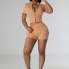 Female Fashion Two-Way Zipper Casual Solid Color Short Sleeve Two Piece Shorts Set