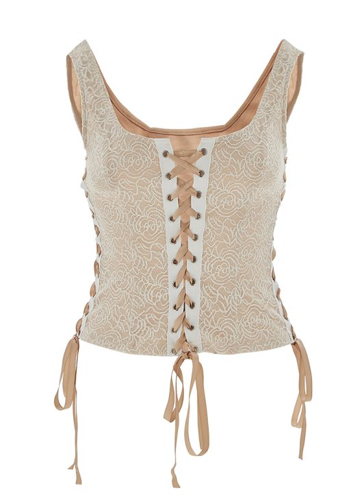Lace Patchwork Square Neck Tie-Up Cropped Bustier Top
