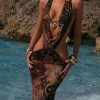 Sexy Beach Halter Neck Printed Sleeveless Open Waist Long Dress