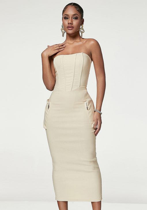 Fashionable Side-Zip Pocket Strapless Bodycon Long Dress