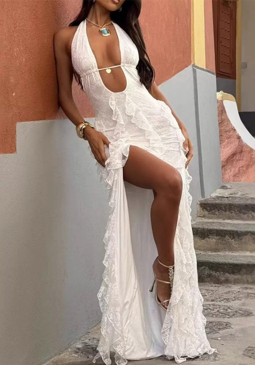 Sexy Deep V Halter Neck Dress Elegant Party Gown