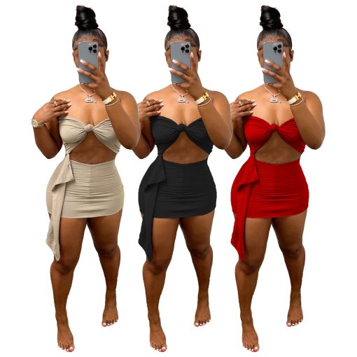 Women's Summer Casual Streamer Solid Strapless Two Piece